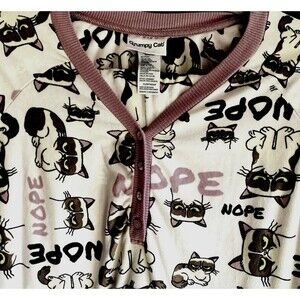 Grumpy Cat Pajama Set Women XL Pink Fleece Long Sleeve Pants Nope 1/4 Button
